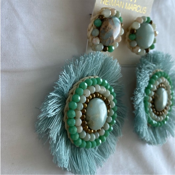 Neiman Marcus Statement Fran Drop Fringe Round Stone Bead Green Teal blue NWT - Picture 13 of 15